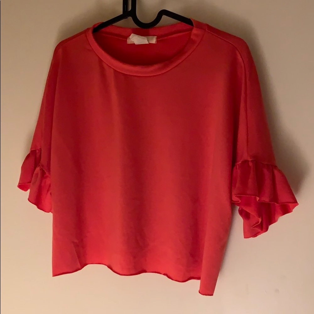 Pink Polyester Crop Top w/ Ruffle Sleeves